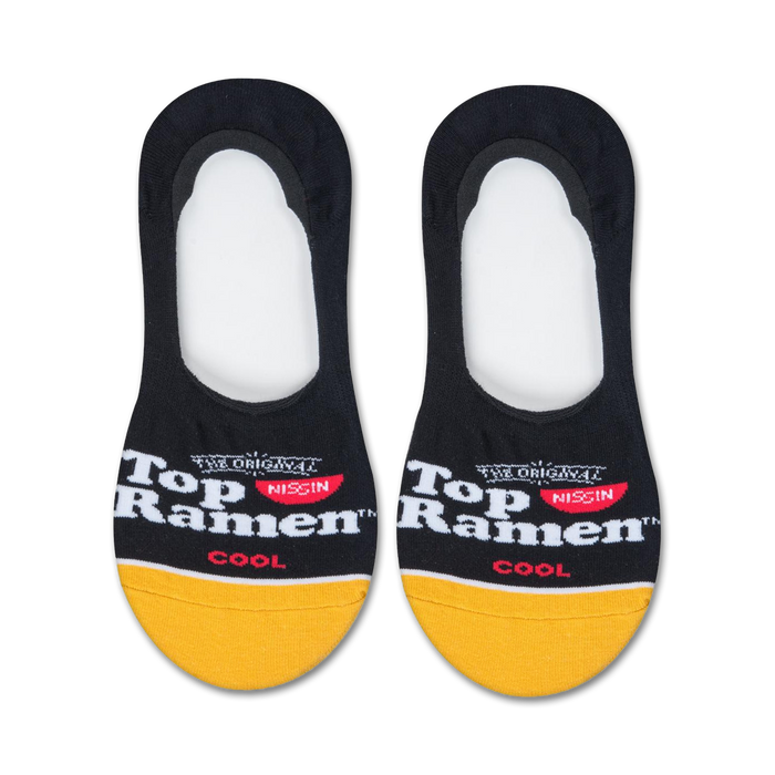 Pair of black and gold no-show socks with the Top Ramen logo.  The socks have a yellow band at the bottom.