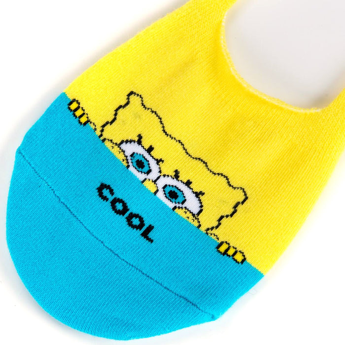A pair of blue and yellow socks with a cartoon character, SpongeBob SquarePants, peeking over the top. The word 