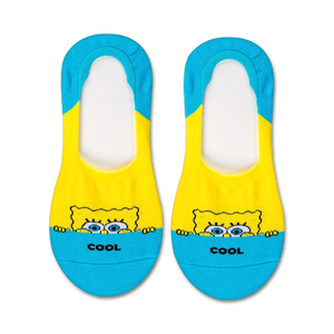 yellow liner socks with blue heel and toe feature spongebob squarepants peeking over a blue background with the word 