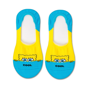 Pair of yellow and teal no-show socks with a Spongebob Squarepants design peeking from the yellow section. The word 'cool' is printed on the teal section.