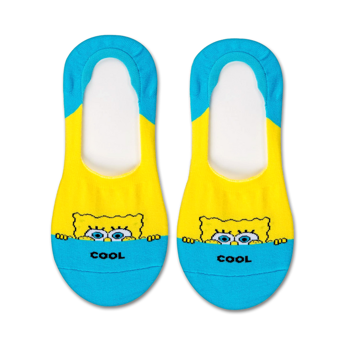 yellow liner socks with blue heel and toe feature spongebob squarepants peeking over a blue background with the word 