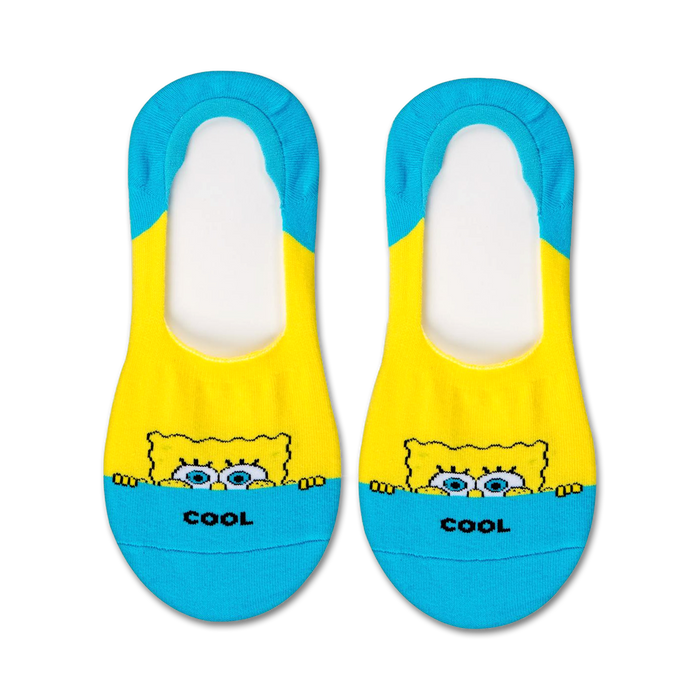 Pair of yellow and teal no-show socks with a Spongebob Squarepants design peeking from the yellow section. The word 'cool' is printed on the teal section.