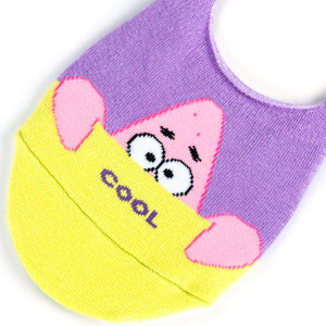 Close-up of a Spongebob Patrick no-show sock showing detail of Patrick's face and the yellow 'COOL' banner.