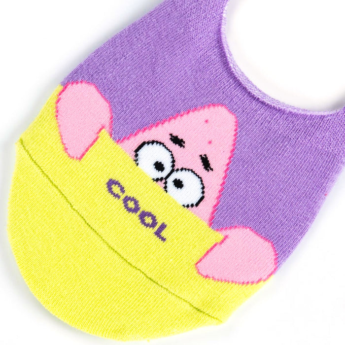 Close-up of a Spongebob Patrick no-show sock showing detail of Patrick's face and the yellow 'COOL' banner.