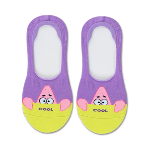 Pair of purple and yellow no-show socks featuring Patrick Star from Spongebob, peeking over a yellow banner that says 'COOL'.