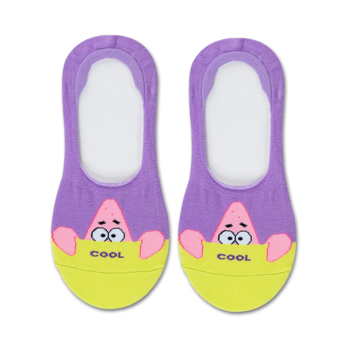 Pair of purple and yellow no-show socks featuring Patrick Star from Spongebob, peeking over a yellow banner that says 'COOL'.