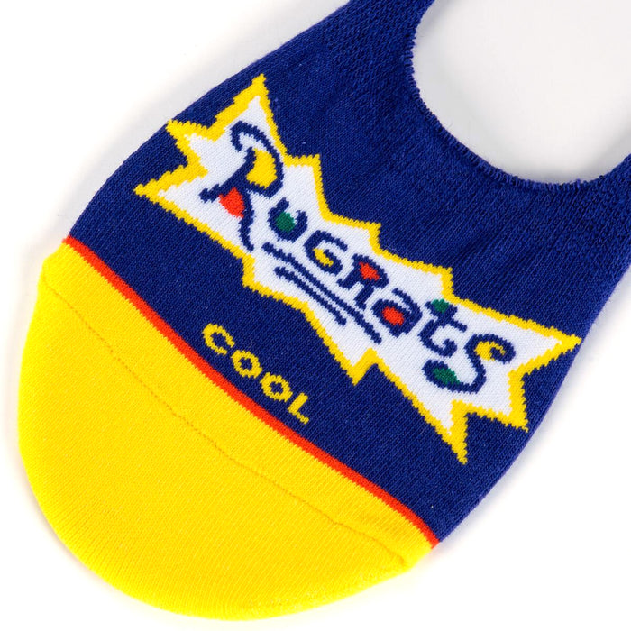 Close-up of a single blue and yellow Rugrats no-show sock, highlighting the 'Rugrats' logo and 'COOL' text.