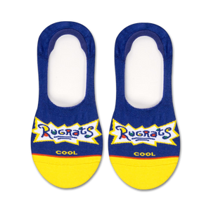 blue liner socks with yellow toes and heels featuring the rugrats logo and the word 