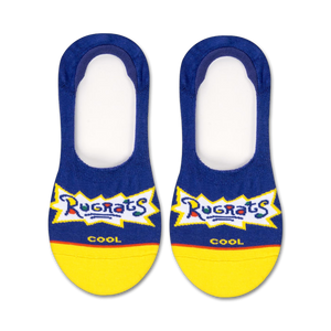 Pair of blue and yellow Rugrats no-show socks.  The socks feature the Rugrats logo and 'COOL' text.