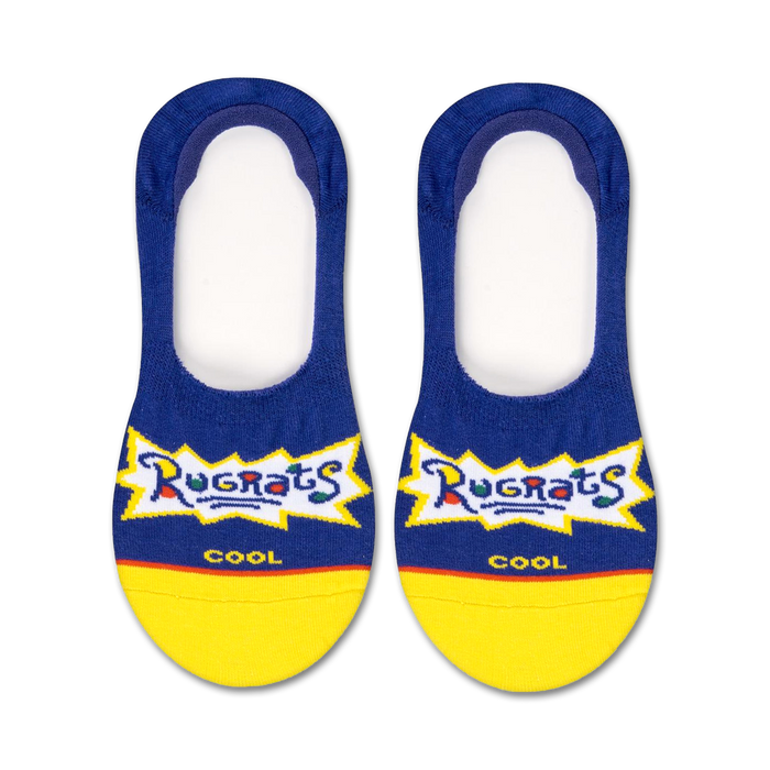 blue liner socks with yellow toes and heels featuring the rugrats logo and the word 