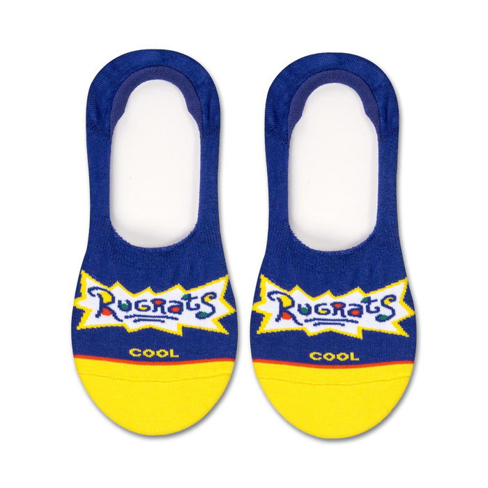 Pair of blue and yellow Rugrats no-show socks.  The socks feature the Rugrats logo and 'COOL' text.