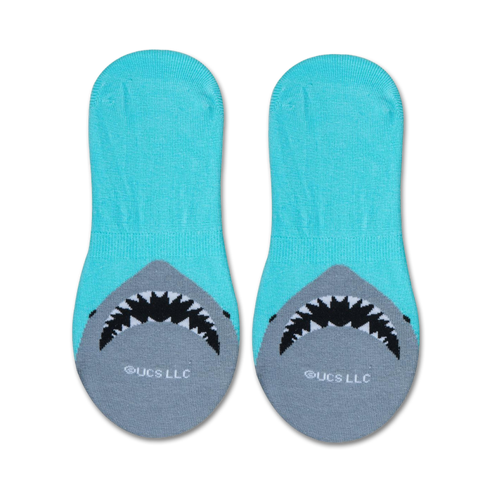 A pair of blue no-show socks with the word 