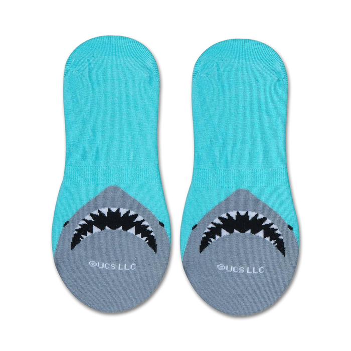 Close-up shot of a single 'Jaws' no-show sock, showcasing the shark's mouth graphic on the heel.