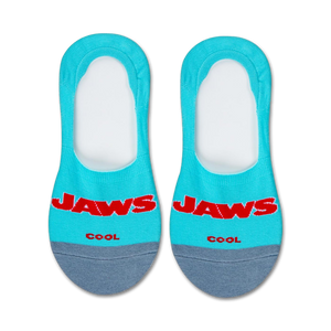 Pair of teal and gray no-show socks with a red 'Jaws' logo and a shark graphic on the heel.