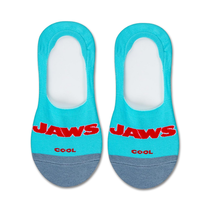 Pair of teal and gray no-show socks with a red 'Jaws' logo and a shark graphic on the heel.