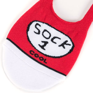 A red sock with white and black accents and the words 