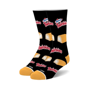 Pair of black crew socks with a repeating pattern of Hostess Twinkies; yellow sponge cakes with white cream filling.