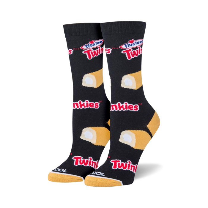 Pair of black crew socks with yellow and white Twinkies and Hostess Twinkies logos.