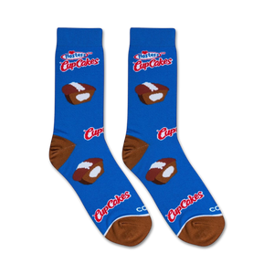 A blue sock with a white Hostess CupCakes logo and a brown and white Hostess Cupcake graphic.