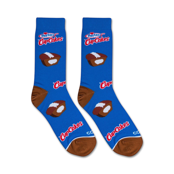 A blue sock with a white Hostess CupCakes logo and a brown and white Hostess Cupcake graphic.