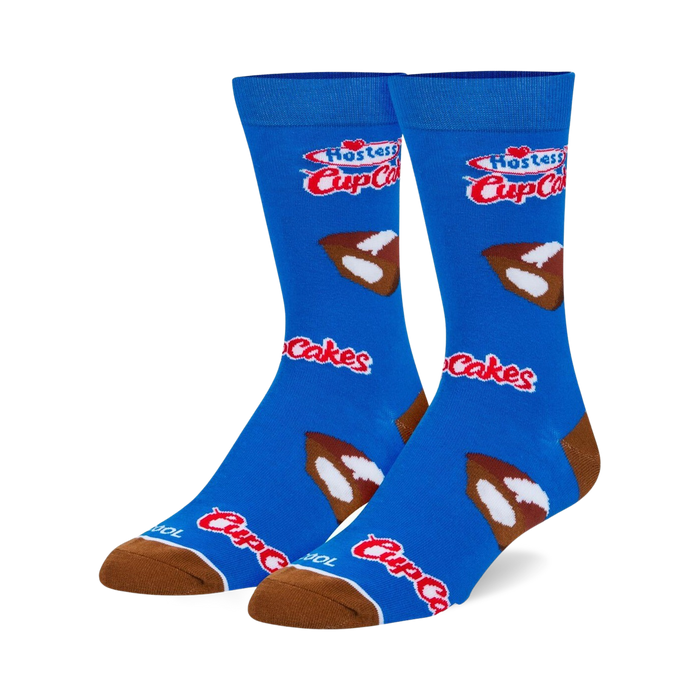 blue crew socks with pattern of hostess cupcakes in white, brown, red, and yellow.  