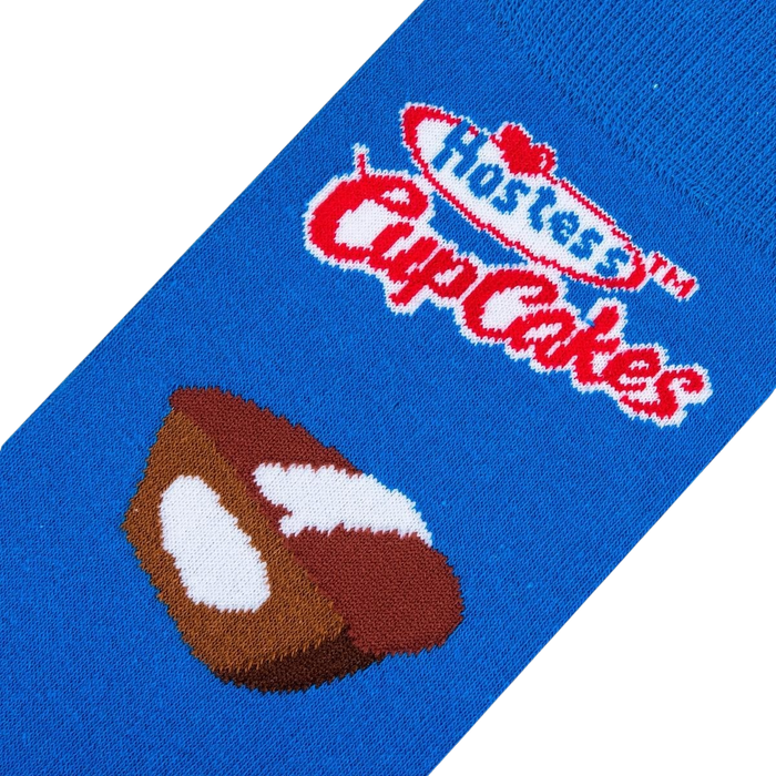 A blue sock with a white Hostess logo and a brown and white Hostess cupcake.