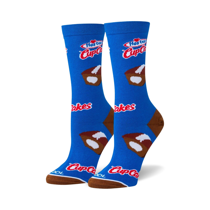 blue crew socks featuring a repeating pattern of hostess cupcakes.  