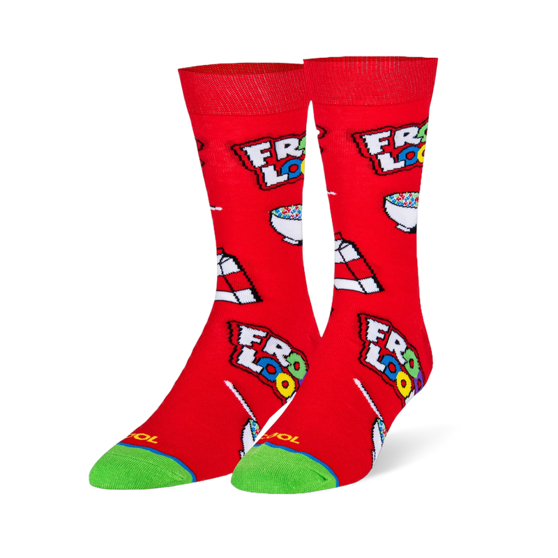 Red crew socks featuring a pattern of Froot Loops logos, white milk cartons, and bowls of colorful cereal with a green toe.