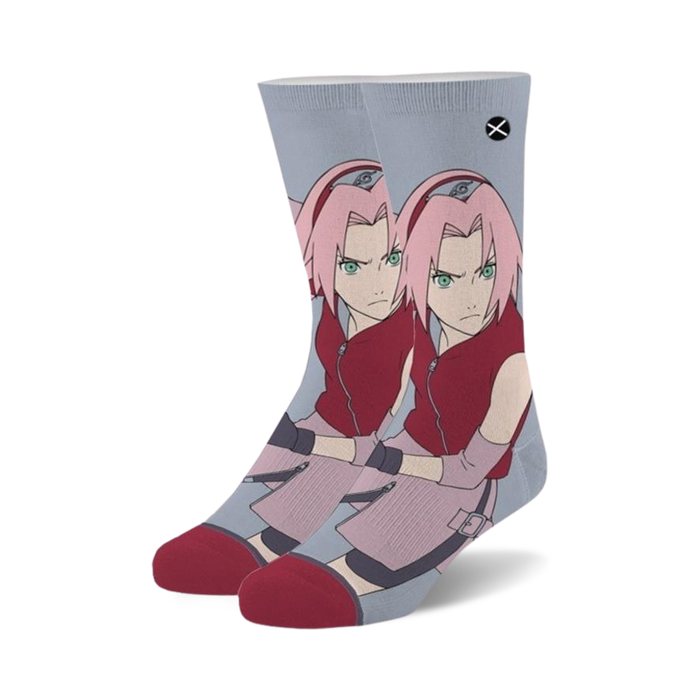 Crew socks featuring Sakura from Naruto. Predominantly light grey with pink and red accents. Sakura's image is displayed across the socks. }}