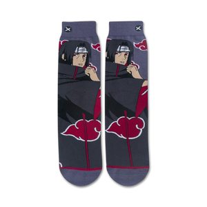 Flat lay showcasing the pair of Itachi socks laid out, highlighting the detail of the design and colors.