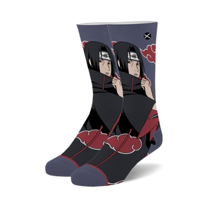Pair of crew socks featuring Itachi Uchiha from Naruto in shades of gray, black, and red.  The design includes his signature red cloud symbol.
