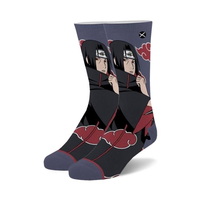 Pair of crew socks featuring Itachi Uchiha from Naruto in shades of gray, black, and red.  The design includes his signature red cloud symbol.