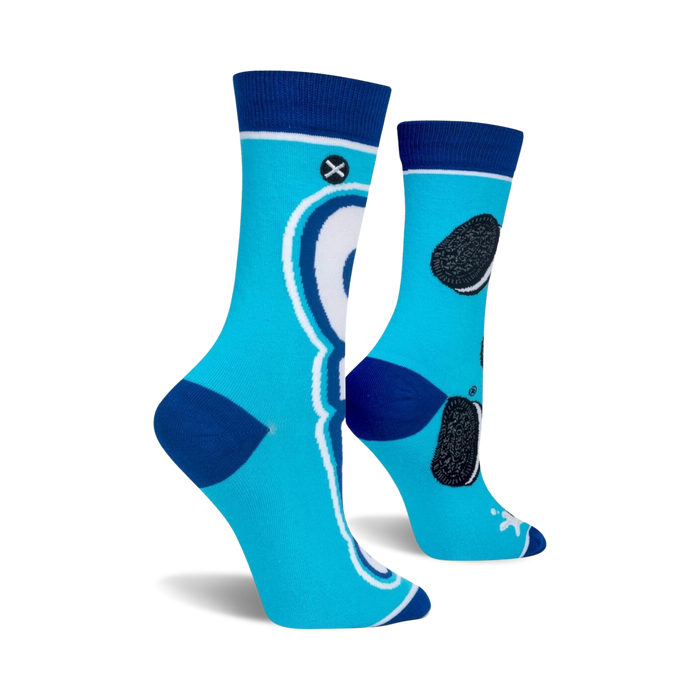 Close-up view of a pair of Oreo-themed socks, showcasing the detailed cookie and milk design.