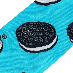 Detailed close-up shot of the Oreo cookie design on the sock fabric.