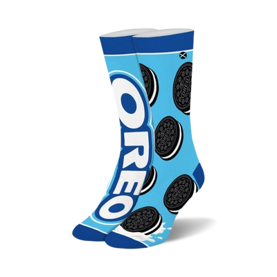 Pair of crew socks in teal blue, featuring a graphic design of Oreo cookies and the Oreo logo.