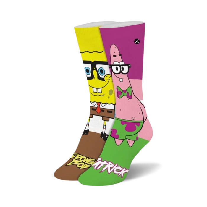womens yellow and green crew socks featuring spongebob squarepants and patrick star wearing glasses and ties.    }}
