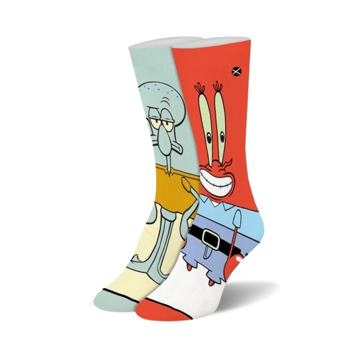 Pair of crew socks featuring Squidward and Mr. Krabs from SpongeBob.  Light blue, orange, and yellow colors.