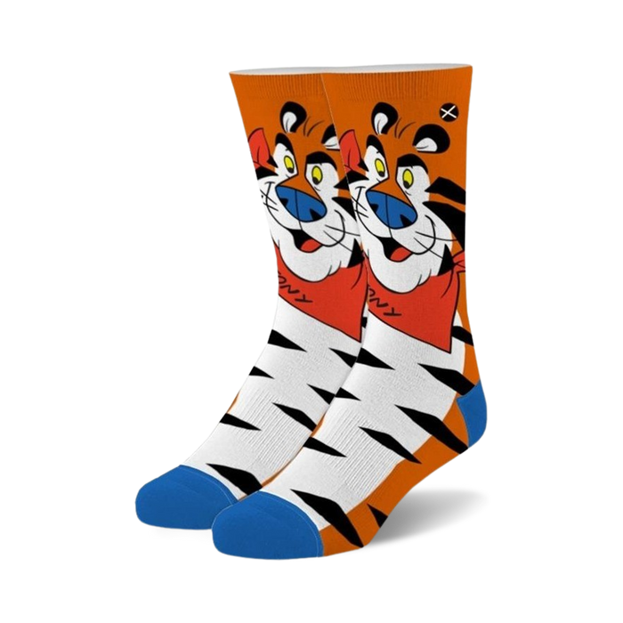 orange and white crew socks for kids. cartoon tiger with red bandana pattern. blue toe and heel    }}