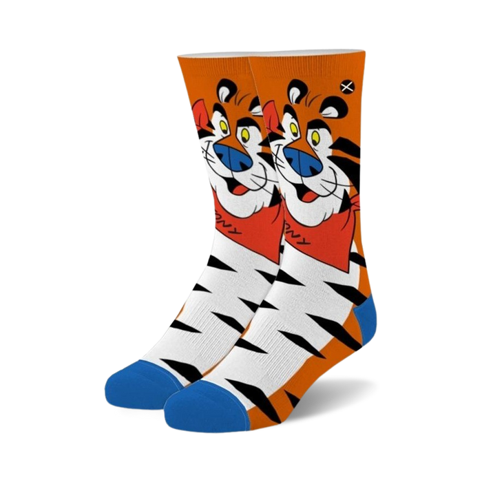 Pair of crew socks featuring Tony the Tiger from Frosted Flakes cereal.  The socks are predominantly white with orange tiger stripes, and Tony's face is prominently displayed. }}