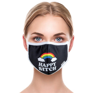 Black cotton face mask with white outline and white text reading 
