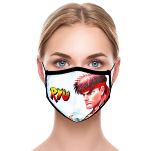 Black and white photo of a young woman wearing a white Odd Future face mask with an image of Ryu from the Street Fighter video game series.