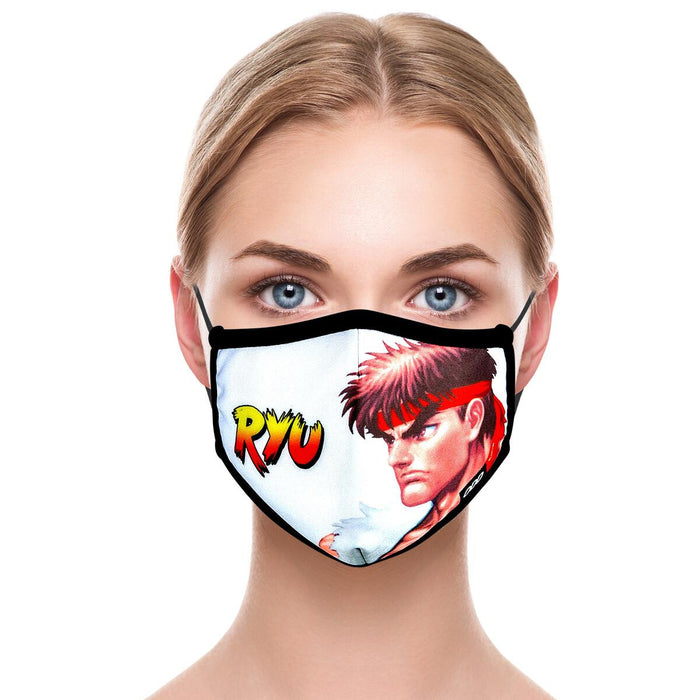 Black and white photo of a young woman wearing a white Odd Future face mask with an image of Ryu from the Street Fighter video game series.