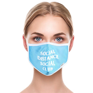 A young woman is wearing a blue and white face mask that says, 