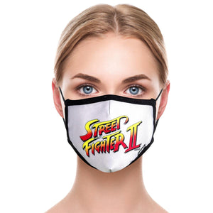 A white cotton face mask with black trim featuring the Street Fighter II logo in red, orange and yellow.
