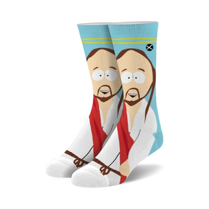Pair of crew socks featuring South Park's Jesus.  Light blue background, white robe, red sash, and detailed facial features.
