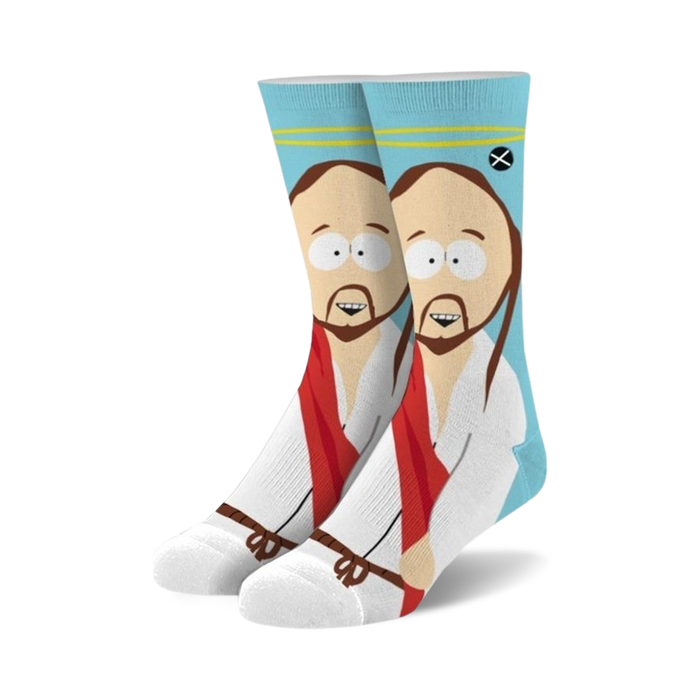 Pair of crew socks featuring South Park's Jesus.  Light blue background, white robe, red sash, and detailed facial features.