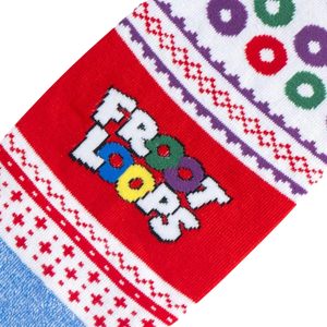 Flat lay showcasing a pair of Froot Loops Ugly Sweater socks against a white background.