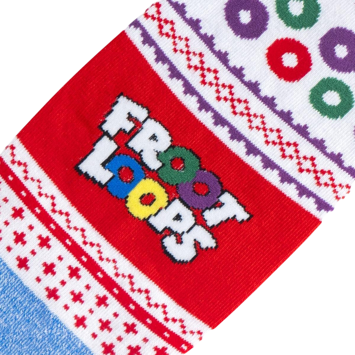 Flat lay showcasing a pair of Froot Loops Ugly Sweater socks against a white background.