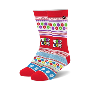 Pair of crew socks in red, blue, and white featuring a Fair Isle-inspired pattern with Froot Loops cereal charms and logo.