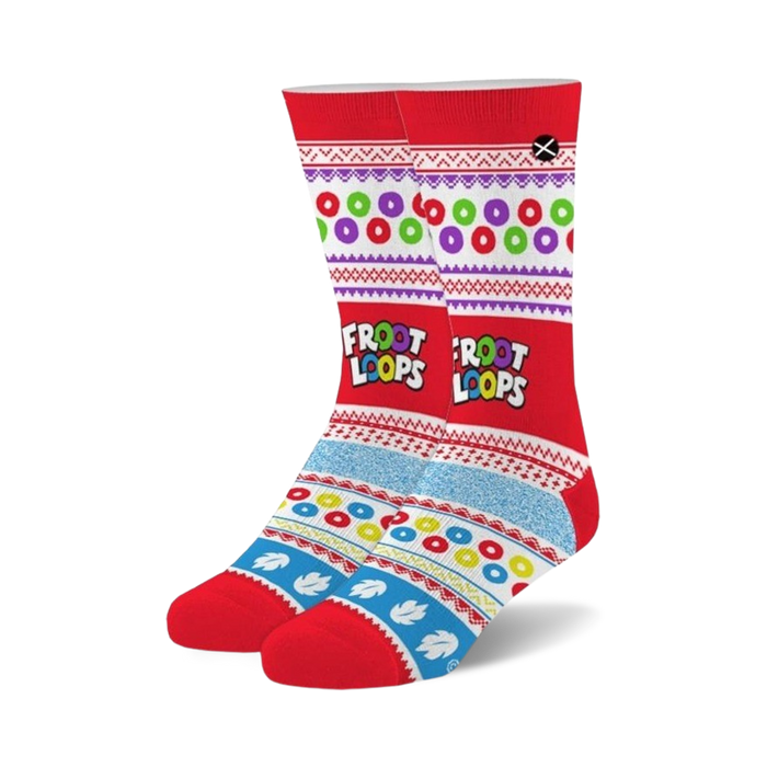 Pair of crew socks in red, blue, and white featuring a Fair Isle-inspired pattern with Froot Loops cereal charms and logo.